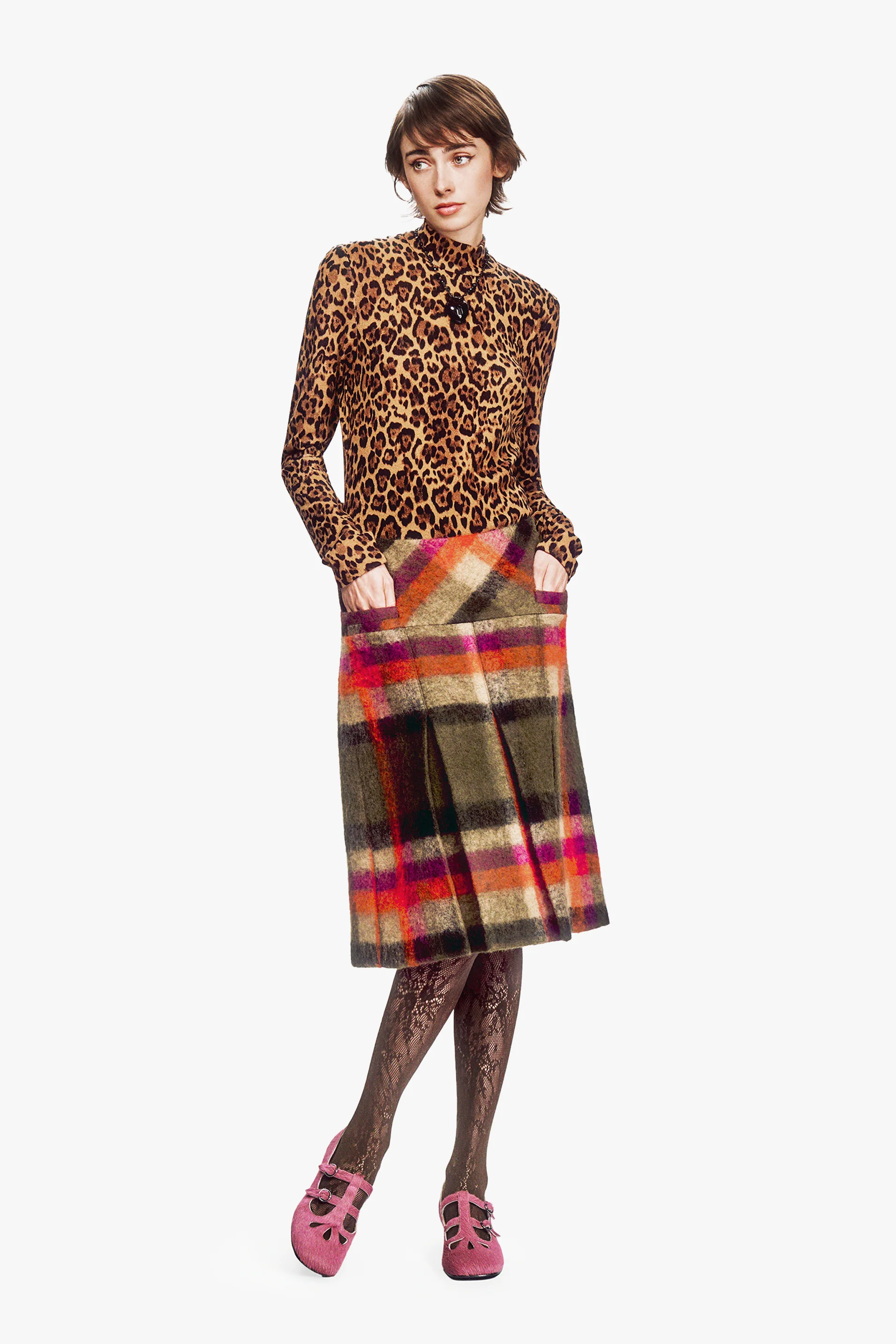 Brushed Wool Plaid Pleated Skirt - Image 3
