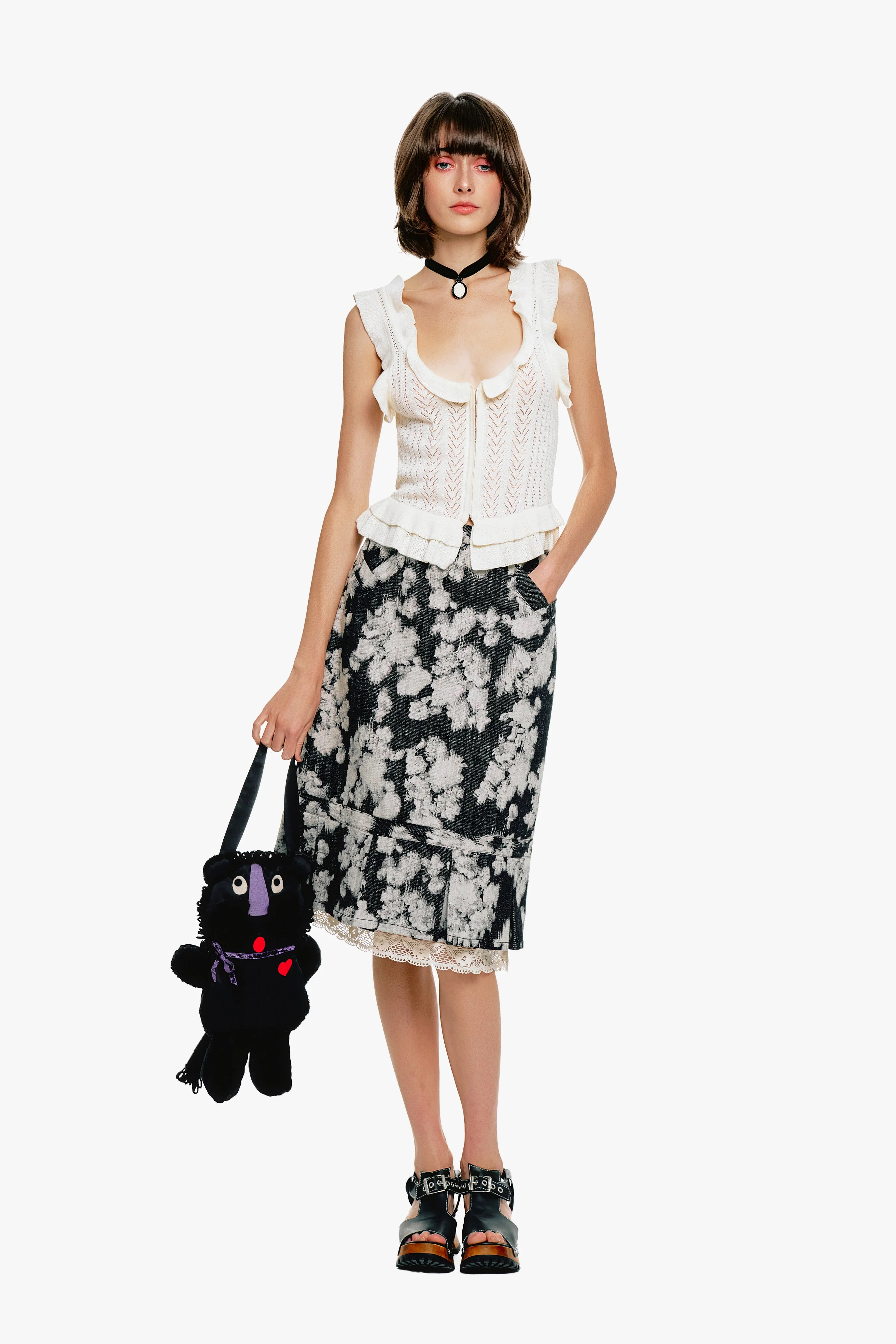 Rose Illusion Denim Lace Trimmed Skirt - Image 2