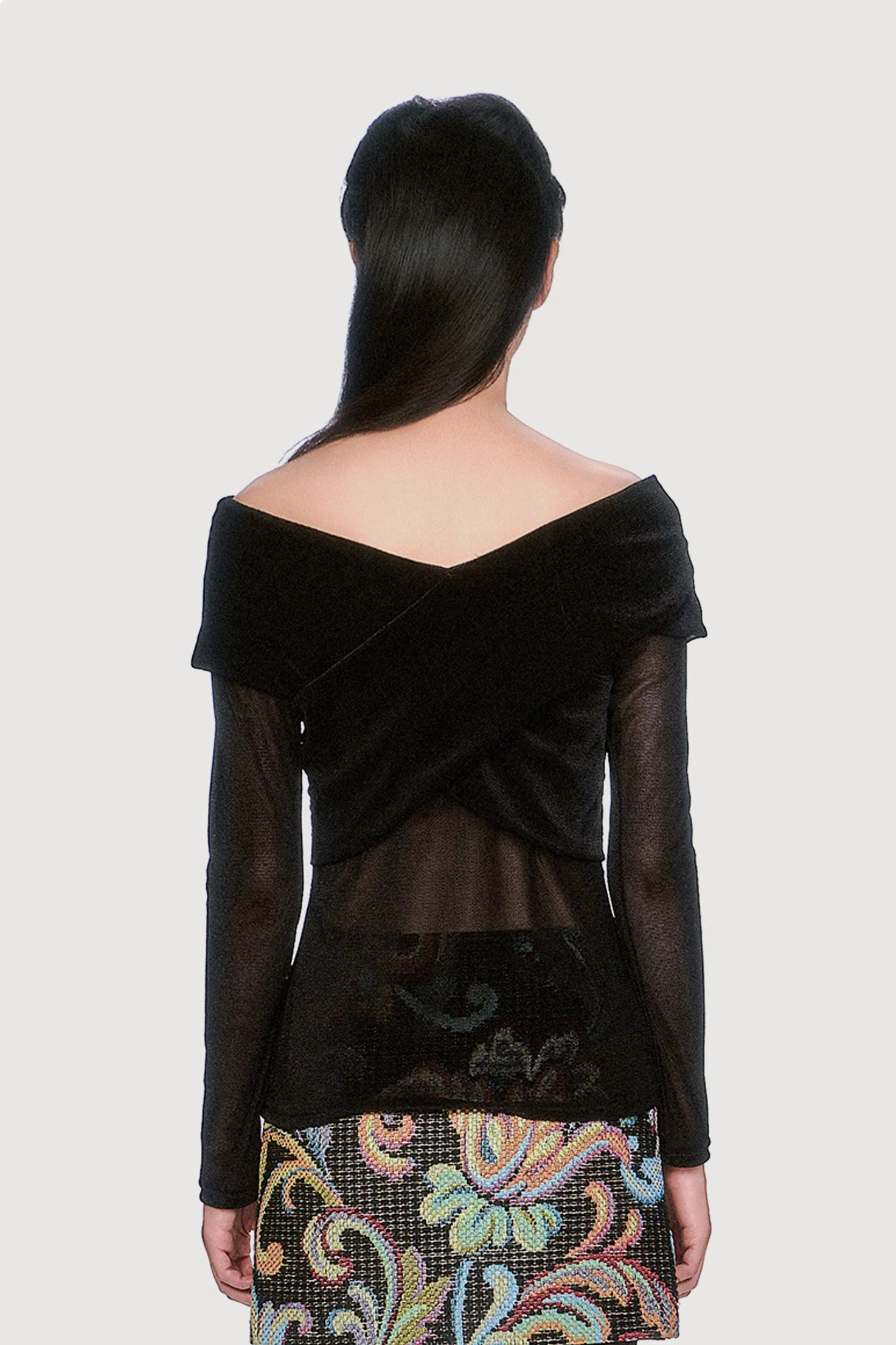 Velvet Mesh Off the Shoulder Top - Black - Image 4